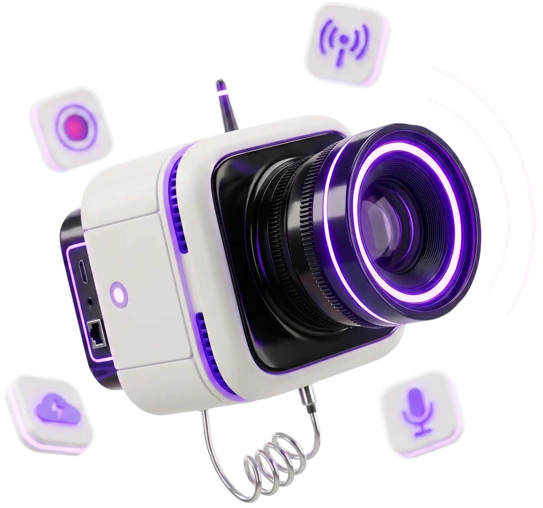 Kamera streaming putih dan hitam dengan aksen cahaya ungu